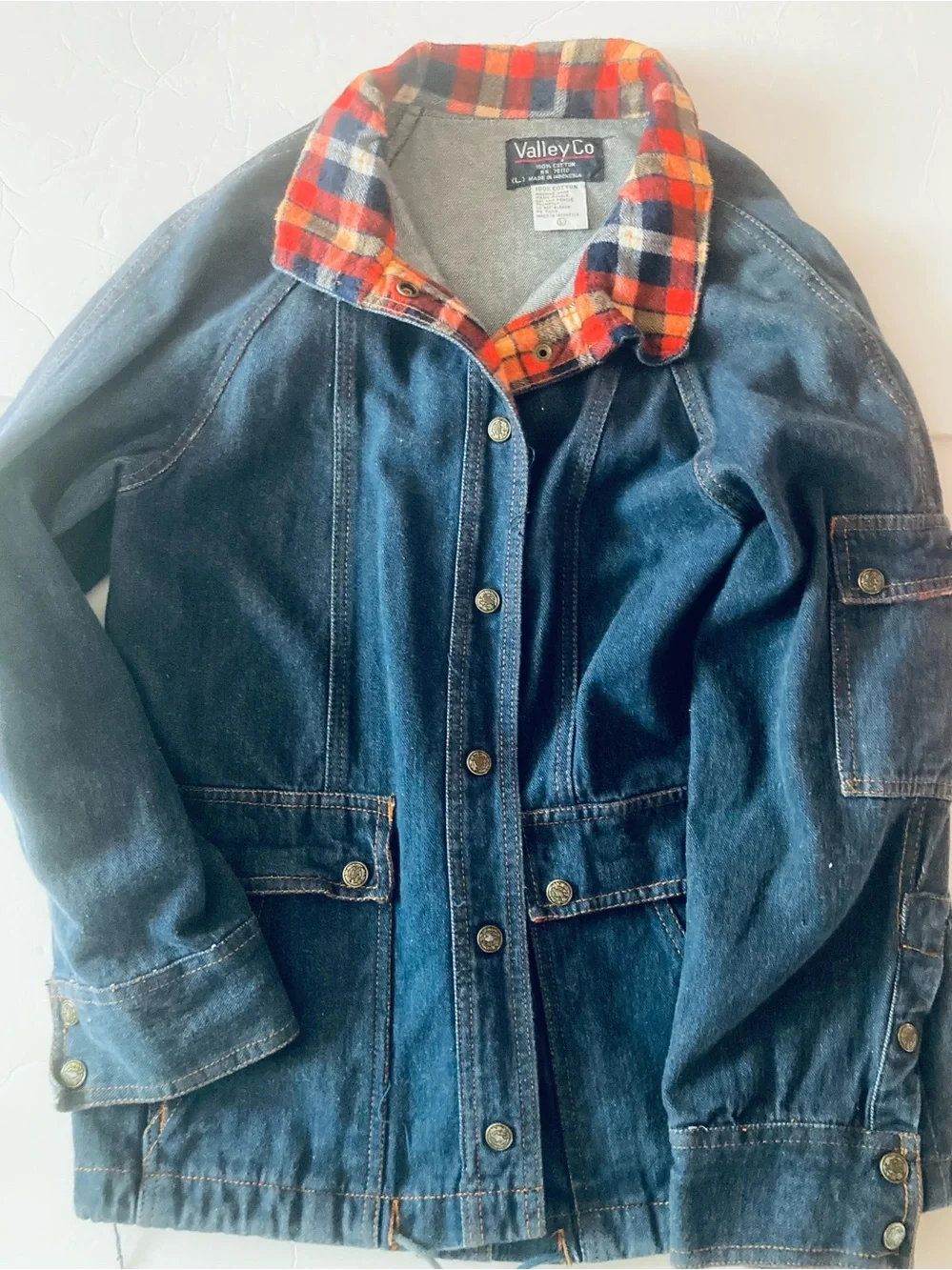 VALLEY CO SZ L Women's Denim Jacket with Red Plaid Collar 100% cotton VINTAGE